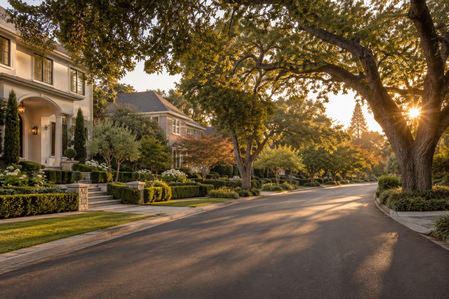An upscale San Francisco Peninsula neighborhood street at golden hour, illustrative