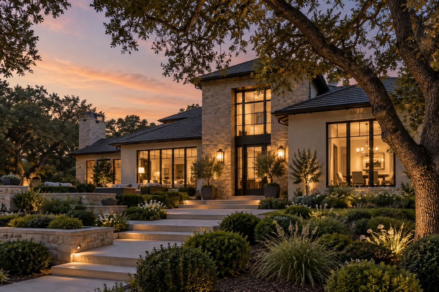 A Peninsula home exterior at dusk, illustrative